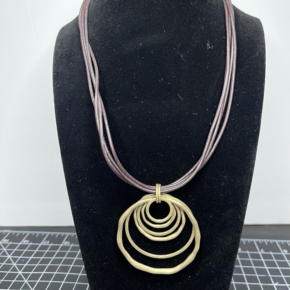 Jones New York Vintage Pendant Necklace Brushed Gold Round Brown Cord JNY BinE
